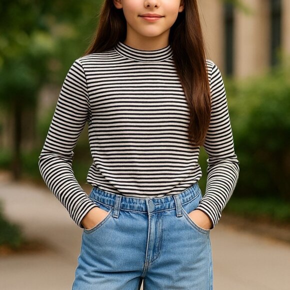 ZARA GIRLS Mock Neck Striped Long Sleeve Shirt 13 14 Ribbed Top Tee Stretchy - Picture 13 of 13